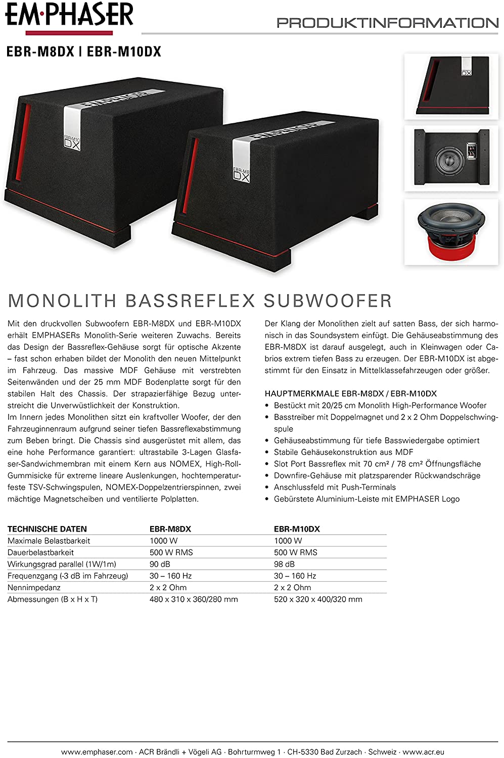 EMPHASER EBR-M8DX Monolith 20 cm Bassreflex-Subwoofer Druckvoller 20 cm / 8 Zoll Subwoofer, MDF Bassreflex Gehäuse, 1000 Watt