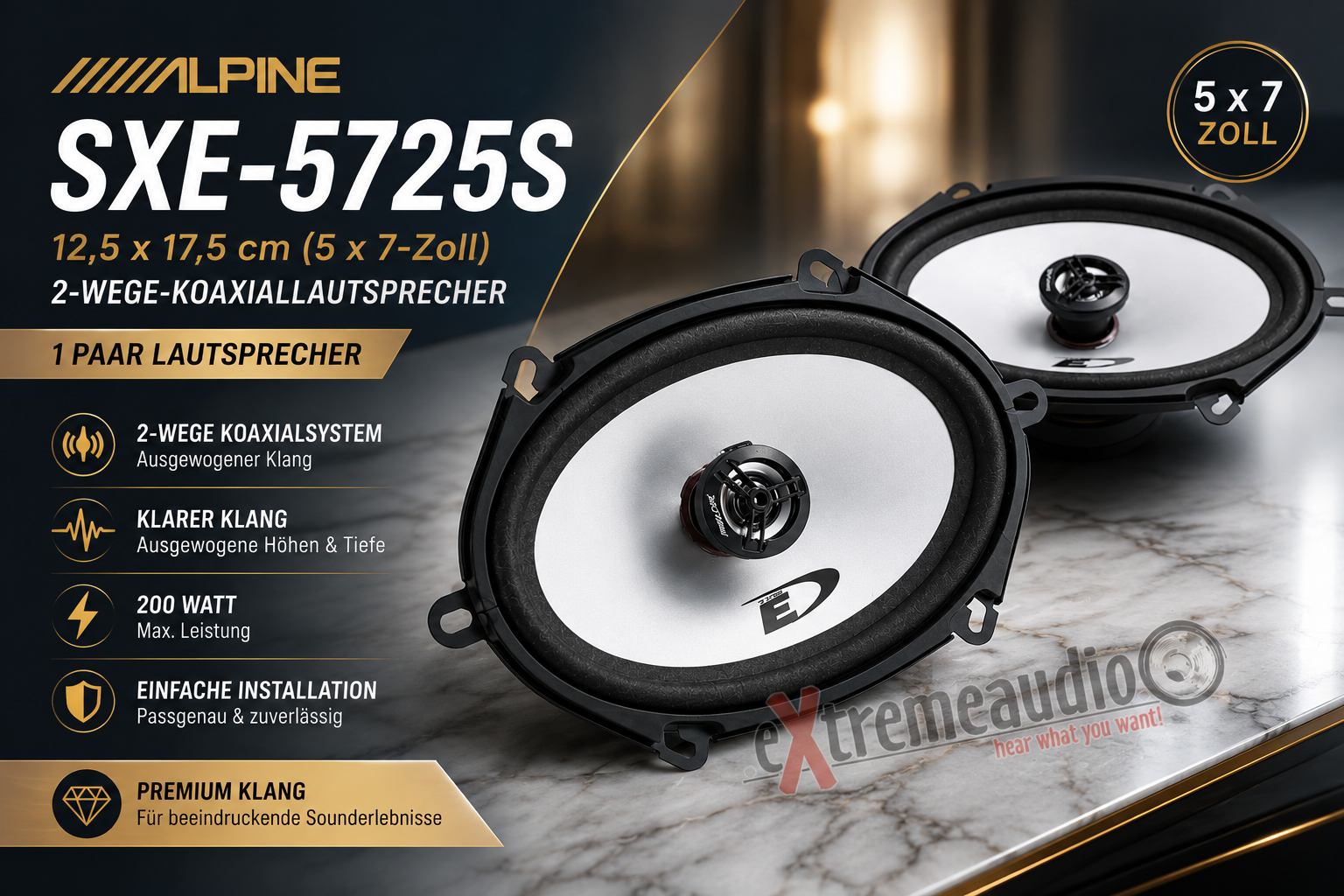 Alpine SXE-5725S 12,5 x 17,5cm (5 x 7-Zoll) 2-Wege-Koaxiallautsprecher 1 Paar Lautsprecher 200 Watt