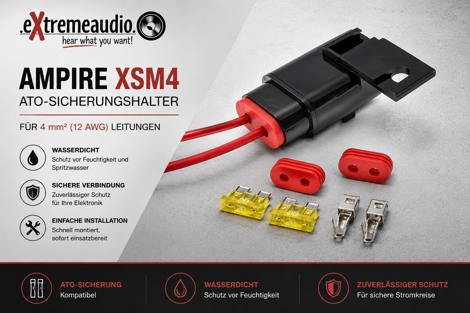 AMPIRE XSM4 ATO-Sicherungshalter mit Sicherungen für 4mm² (12 AWG) Leitungen, wasserdicht   