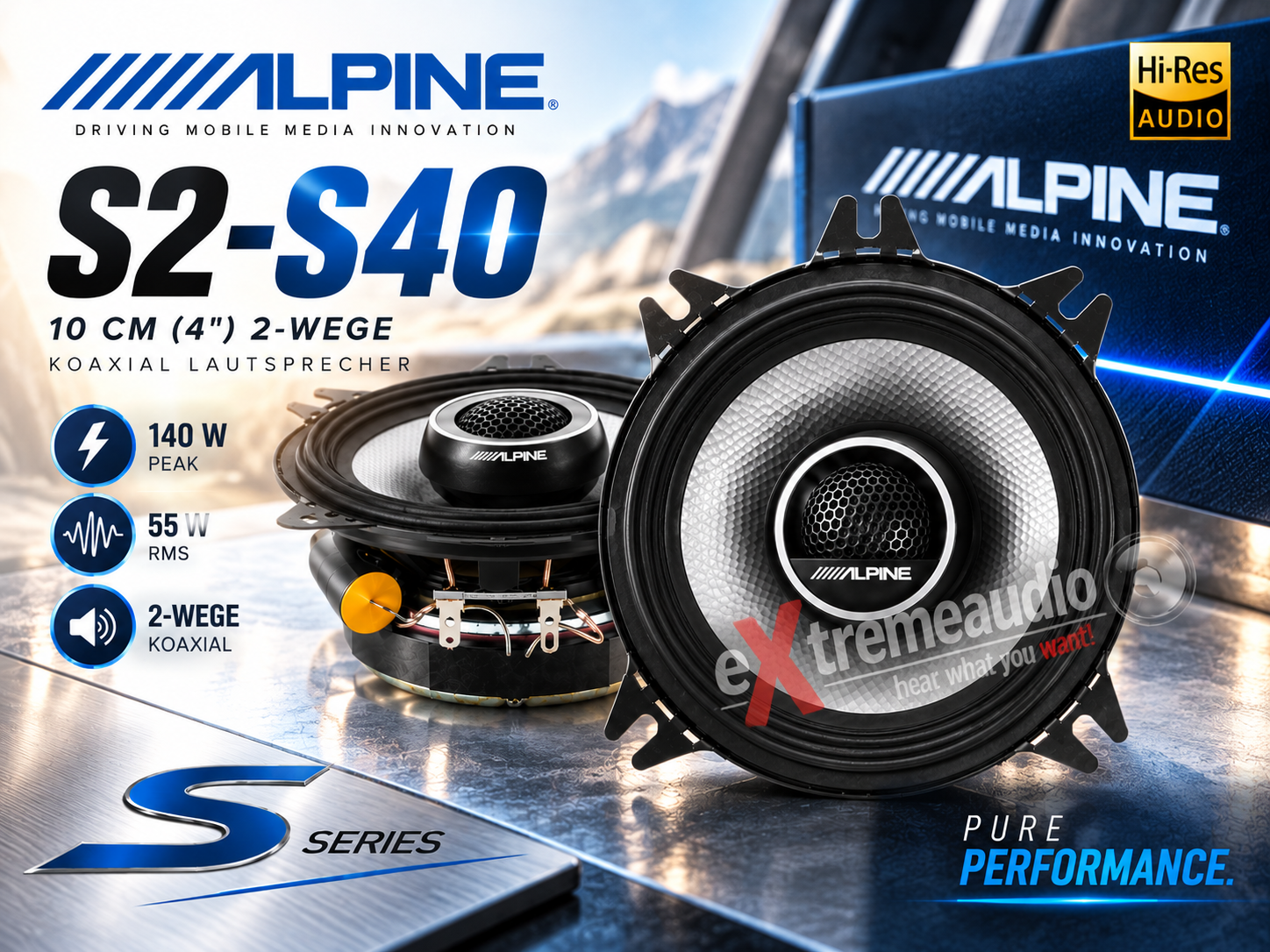 Alpine S2-S40 10 cm (4") 2-Wege Koaxial Lautsprecher 140 Watt - 1 Paar S-Series