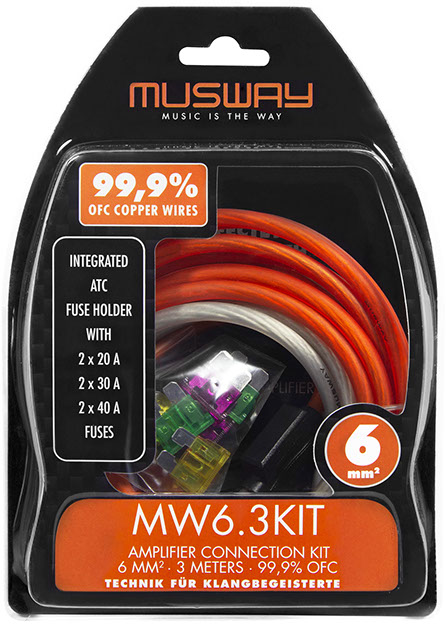 MUSWAY MW6.3KIT Kabelkit 6 mm² VERSTÄRKER-ANSCHLUSS-SET 3 METER AUS HOCHLEITFÄHIGEM VOLLKUPFER 99,9% OFC