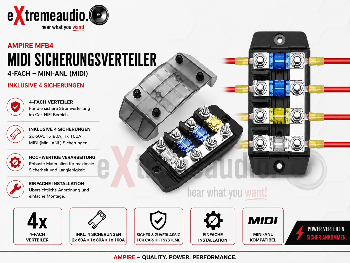Ampire MFB4 MIDI (Mini-ANL) Sicherungsverteiler, 4-fach, inklusive 4 Sicherungen   