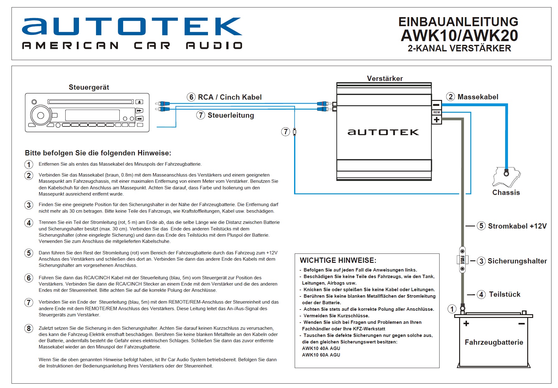 Autotek AWK10 Verstärker Installations Kit Einbau Verstärker Anschluß Set 10 mm²   