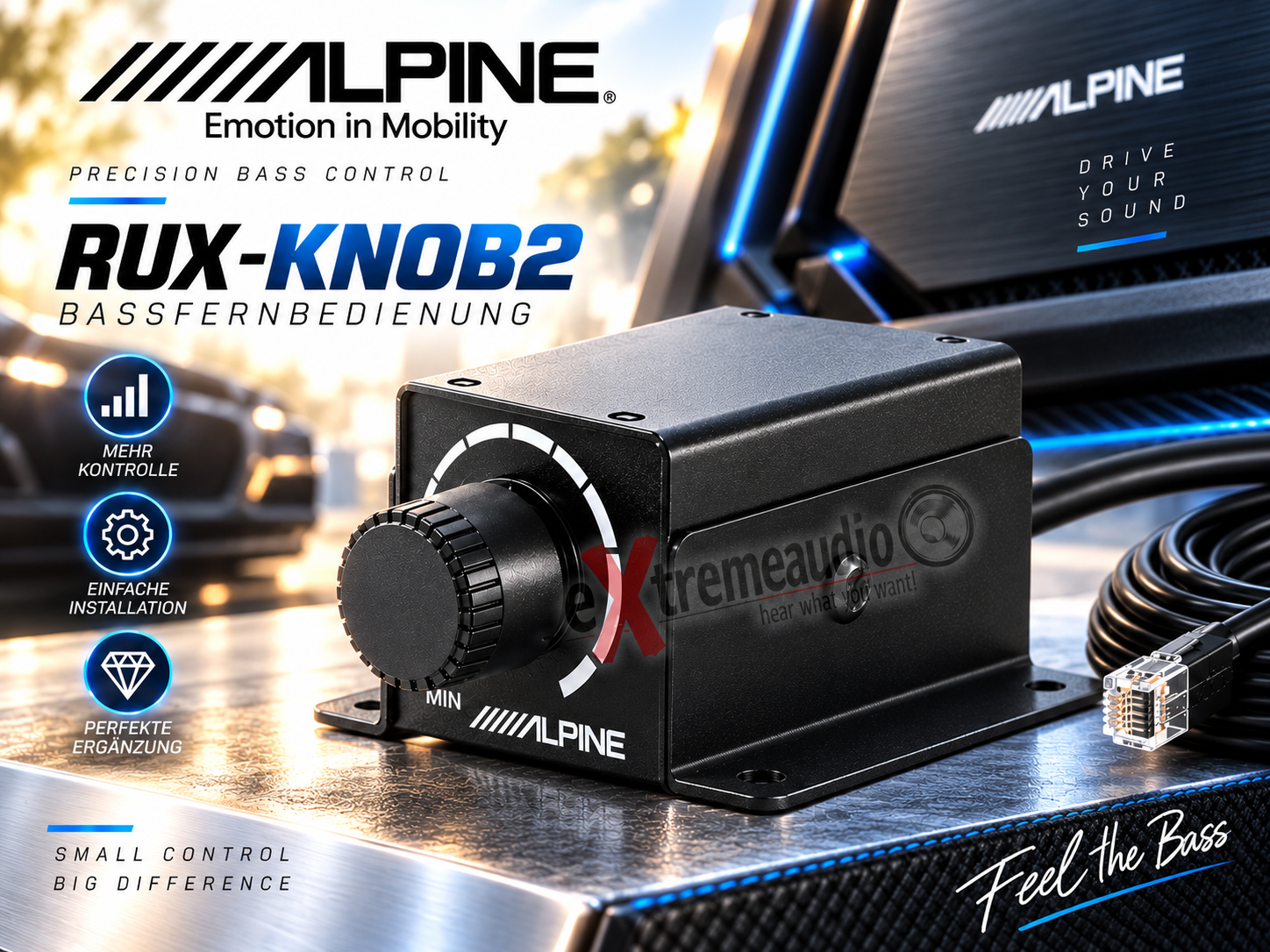 Alpine RUX-KNOB2 Bassfernbedienung für Alpine Verstärker für PDX-M/PDX-V/X-M90M/V/PDR-M/ PDR-V/MRX-M/R-Serie/S-Serie und MRX-V-Verstärker