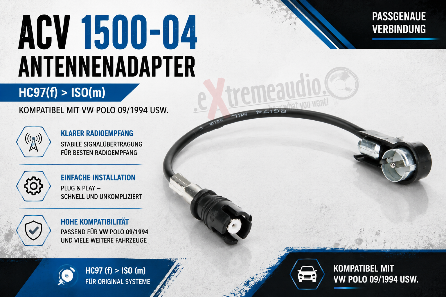 ACV 1500-04 Antennenadapter HC97(f)>ISO(m) kompatibel mit VW Polo 09/1994 usw.