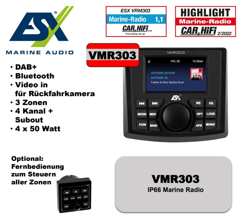 ESX VMR303 Marine Media Receiver mit 3-Zoll Farbdisplay und DAB+, Boote  Marine Outdoor Radio mit