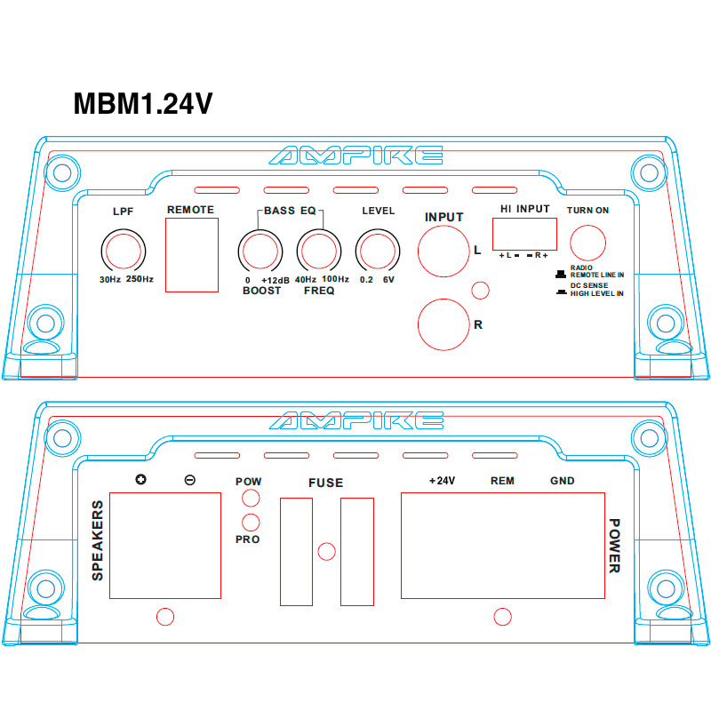 AMPIRE MBM1.24V-4G 1-Kanal Endstufe Verstärker 500 Watt, Class D, 24 Volt für LKW, Busse und Boote mit 24 Volt   