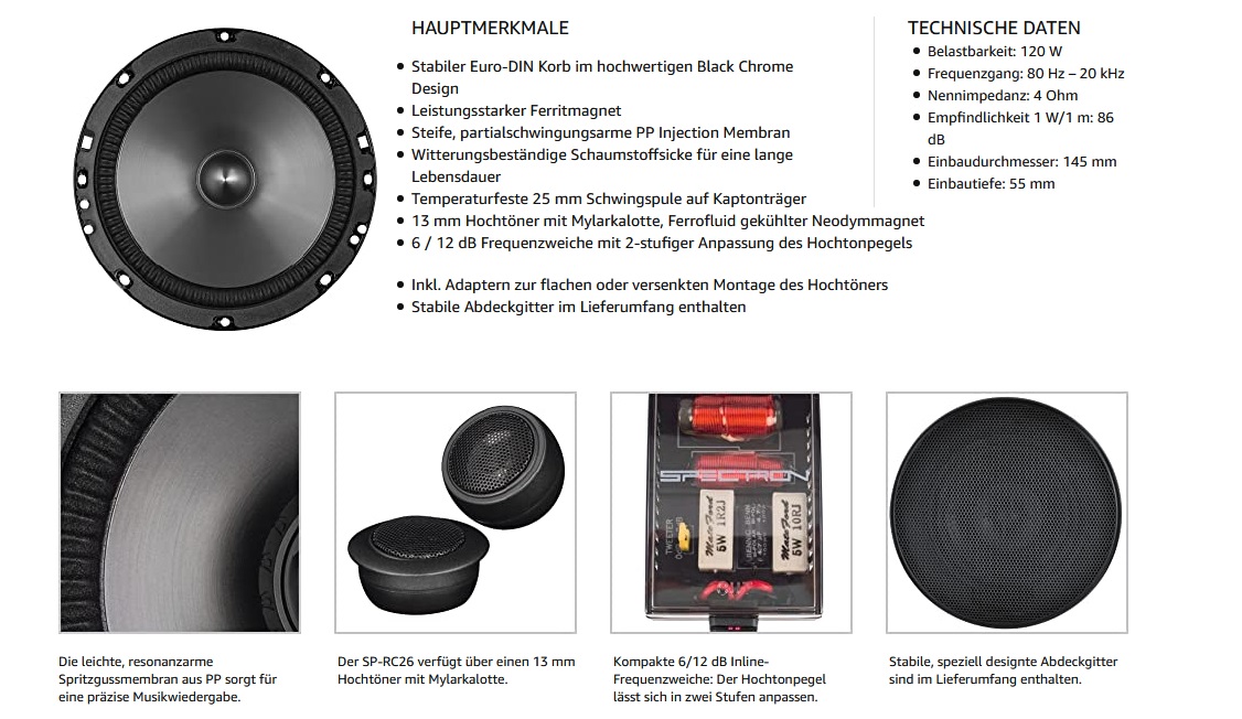 SPECTRON SP-RC26 Klangstarker 16,5 cm Lautsprecher für Autos und Reisemobile, 2-Wege Komponenten System, 120 Watt