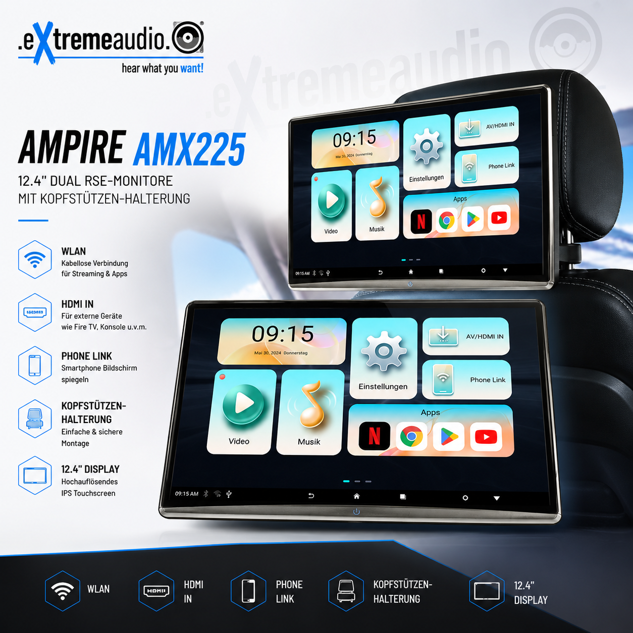 Ampire AMX225 12.4" Dual RSE-Monitore mit Kopfstützen-Halterung, WLAN, HDMI In