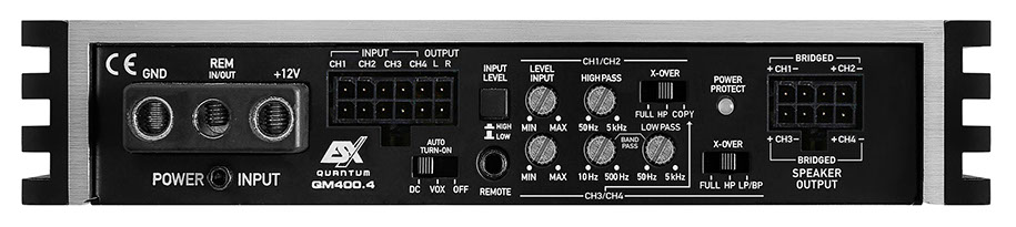 ESX QM400.4 4 Kanal Class-D Verstärker inkl. Bass-Pegelfernbedienung 4x75 /115 Watt RMS 4/2 Ohm       