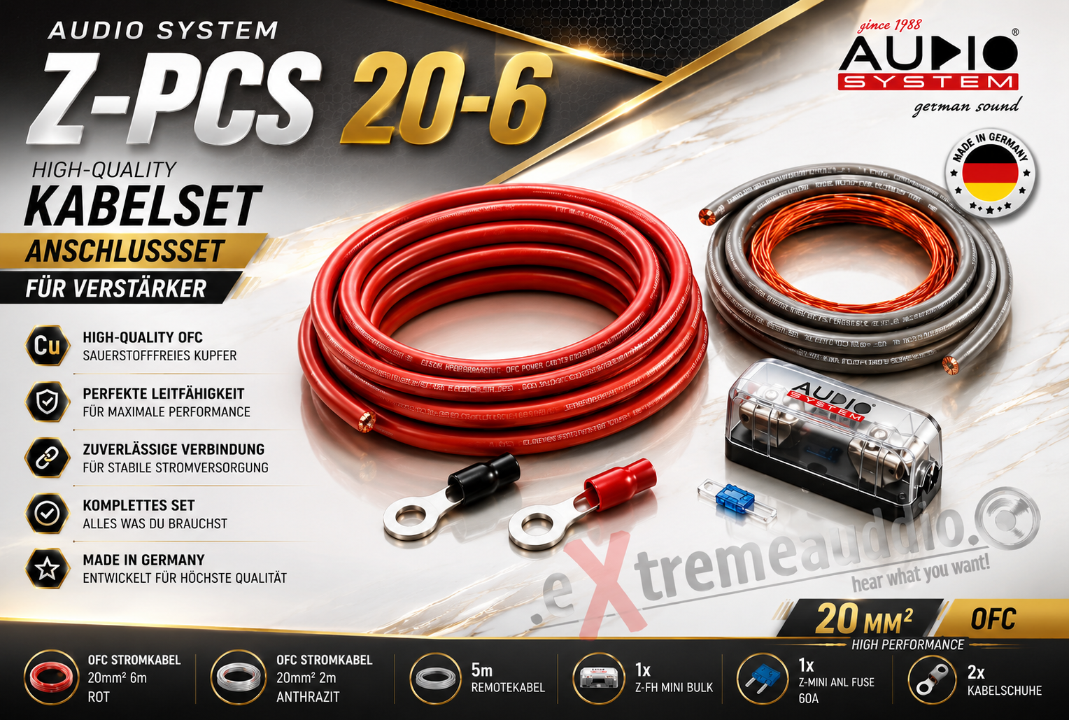 Audio System Z-PCS 20-6 OFC Kupfer 20 mm² Endstufen Kabelset Verstärker Anschluß Set 6 meter
