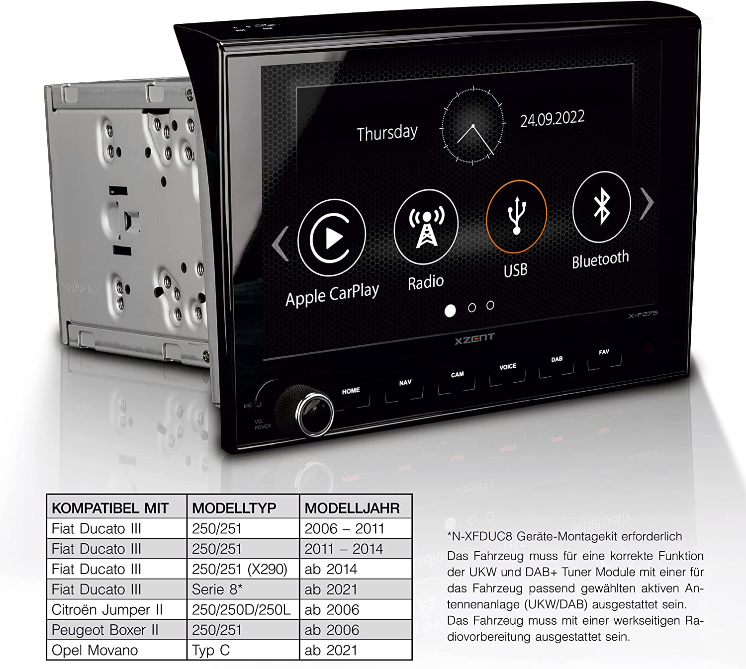 XZENT X-F275 Autoradio Infotainer Mediencenter kompatibel mit Fiat Ducato, Citroen Jumper, Peugeot Boxer, Opel Movano