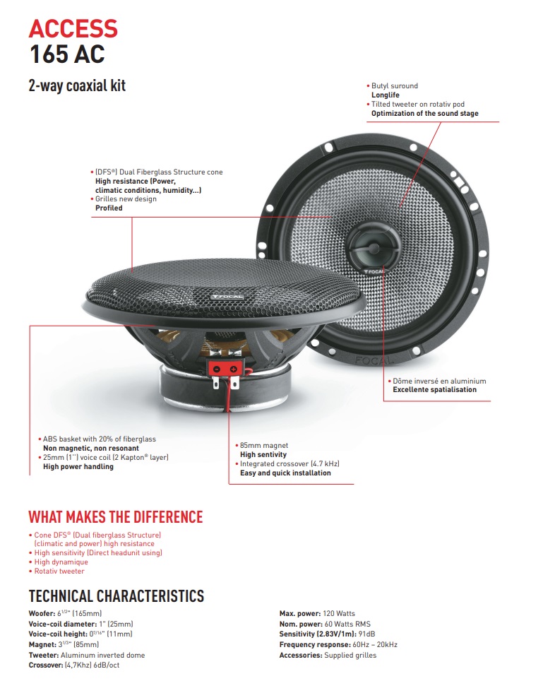 FOCAL 165AC ACCESS-Serie 16,5 cm (6.5") 2-Wege Koax Lautsprecher Set 120 Watt - 1 Paar