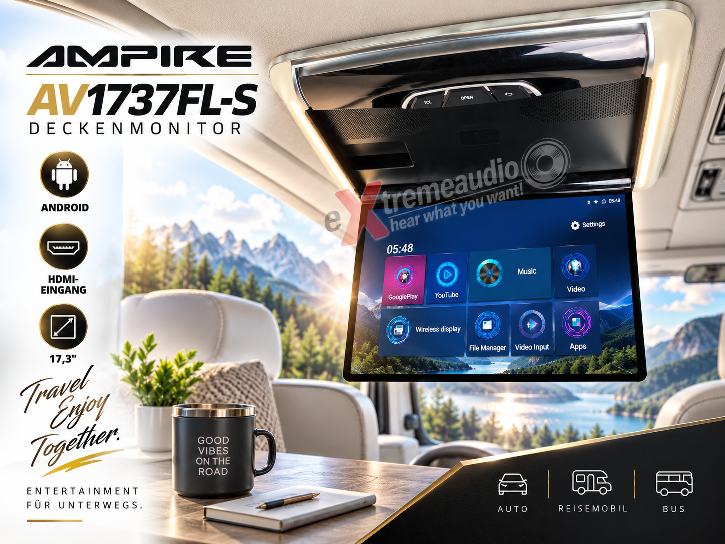 Ampire AV1737FL-S CARAVAN 17.3" Deckenmonitor mit HDMI-Eingang Android fürs Auto, Reisemobil oder Bus