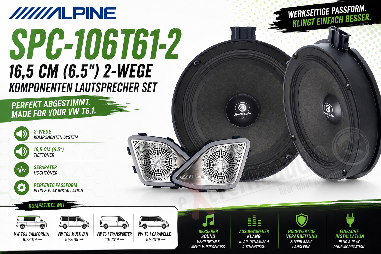   Alpine SPC-106T61-2 16,5 cm (6.5") 2-Wege Komponenten Lautsprecher Set kompatibel mit VW T6.1 California 10/2019 →, T6.1 Multivan 10/2019 →,T6.1 Transporter 10/2019 →, T6.1 Caravelle 10/2019 →