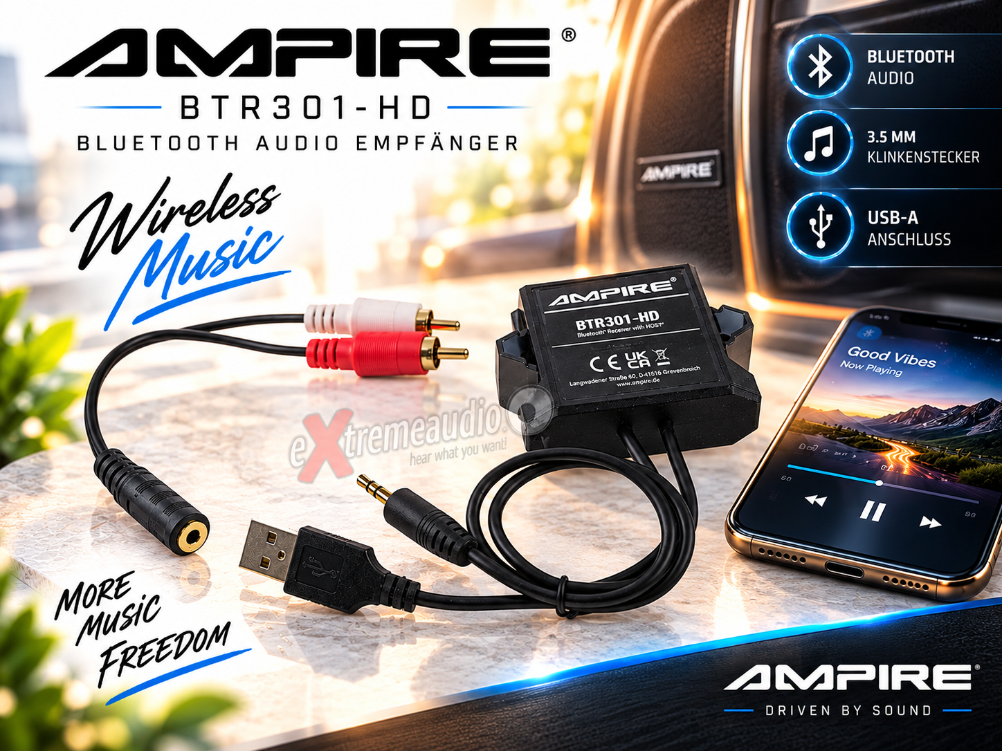Ampire BTR301-HD Bluetooth Audio Empfänger mit 3.5mm Klinkenstecker, USB-A