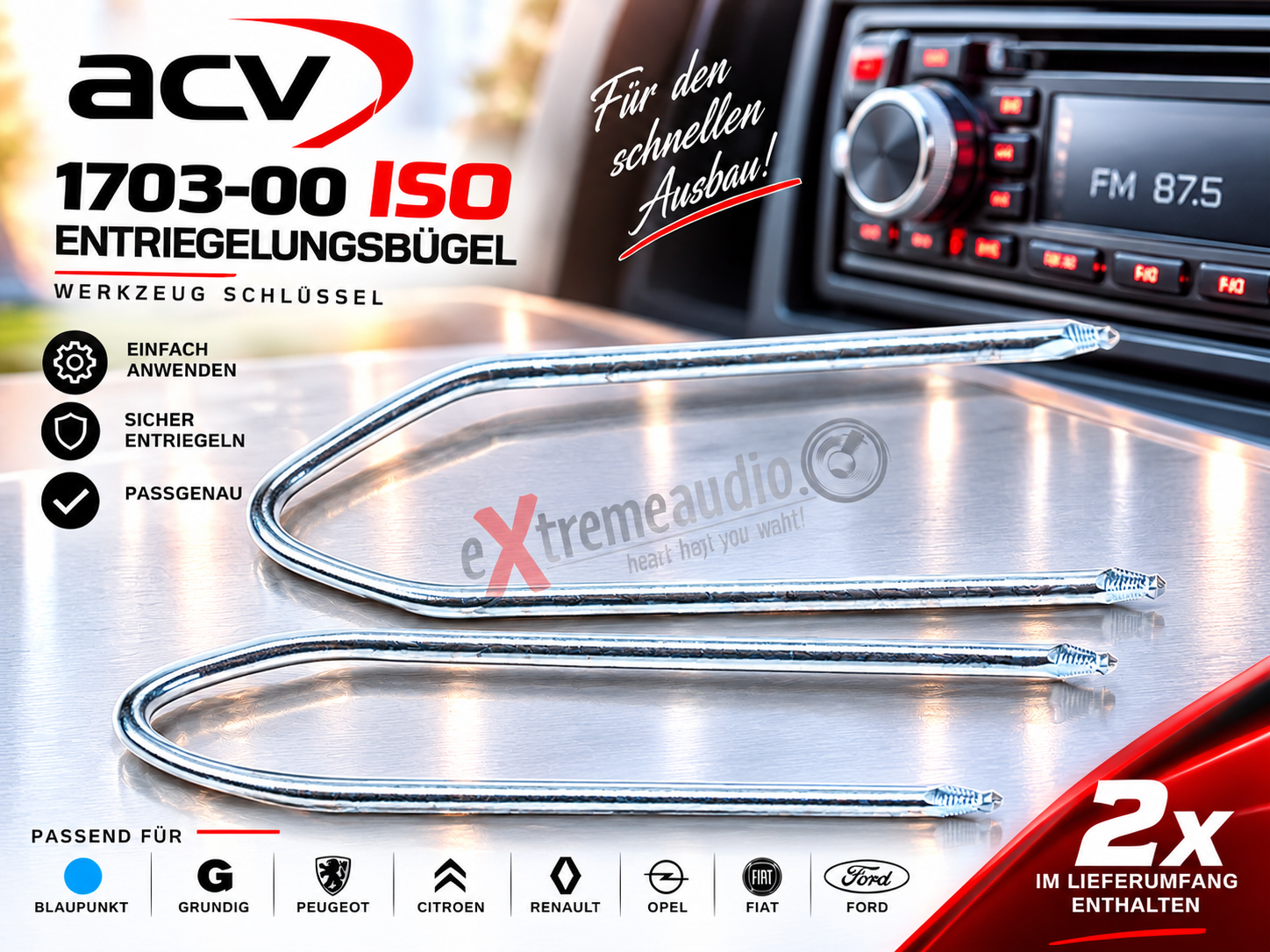 ACV 1703-00 ISO Entriegelungsbügel passend für Blaupunkt, Grundig, Philips, Citroen, Opel, Peugeot Renault, Fiat, Ford Werkzeug Schlüssel