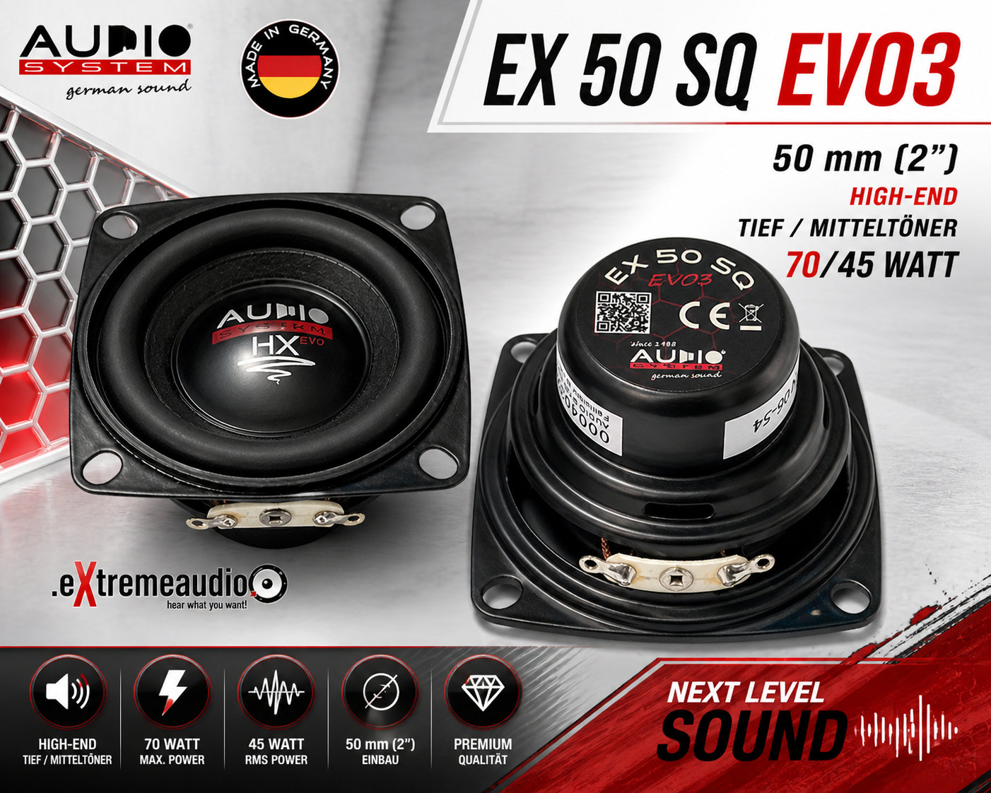 Audio System EX 50 SQ EVO 3 Mitteltöner 5 cm Kickbass Auto Lautsprecher Tieftöner 70 Watt - 1 Paar