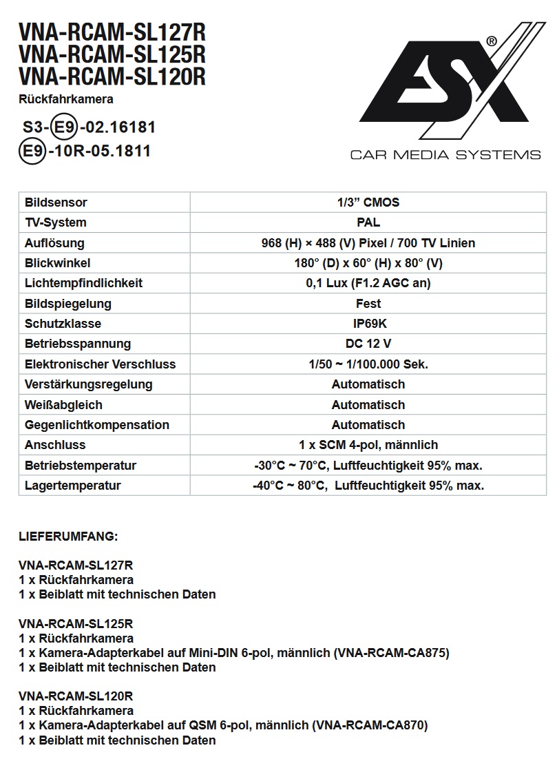 ESX VNA-RCAM-SL127R Rückfahrkamera für Sunlight, Carado, Etrusco Reisemobile