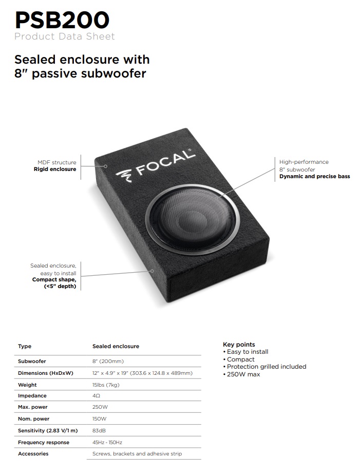 Focal PSB200 Performance 20 cm Subwoofer geschlossen im Gehäuse 250 Watt Woofer