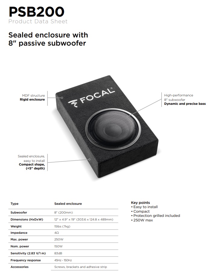 Focal PSB200 Performance 20 cm Subwoofer geschlossen im Gehäuse 250 Watt Woofer