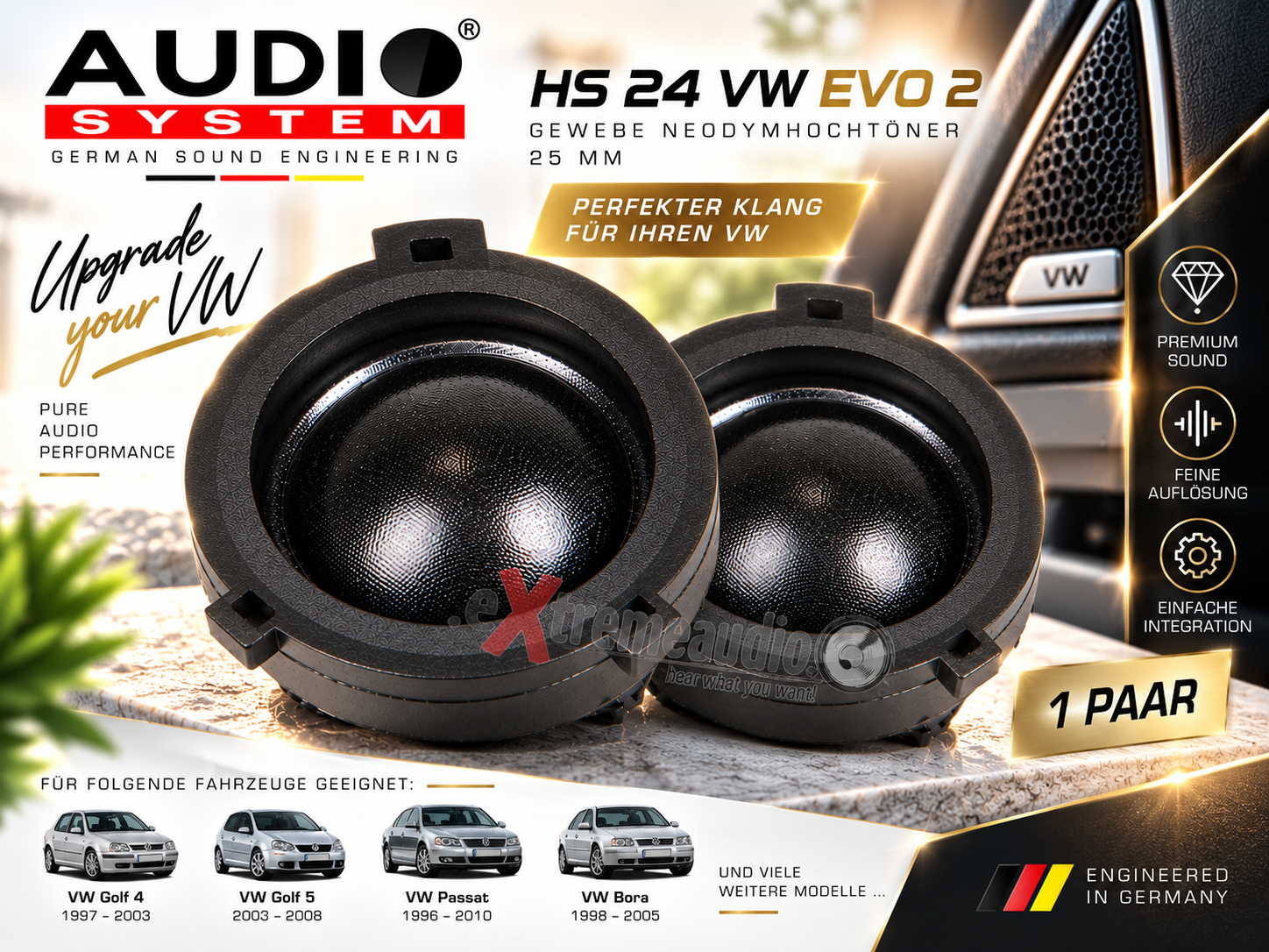 Audio System HS 24 VW EVO 2 Gewebe Neodymhochtöner 25 mm 1 Paar Hochtöner Tweeter Lautsprecher Auto kompatibel mit VW Golf 4, VW Golf 5, VW Passat, VW Bora