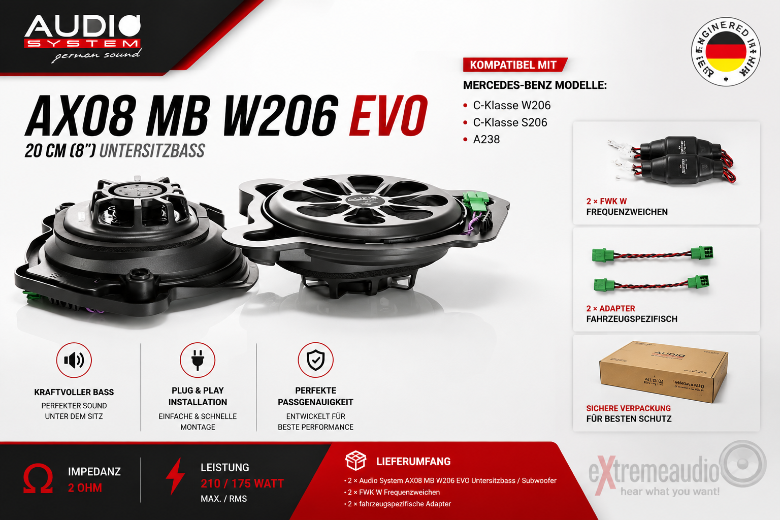 Audio System AX08 MB W206 EVO 20 cm (8") Plug & Play Subwoofer Untersitzbass kompatibel mit Mercedes Benz C-Klasse W206, S206, A238