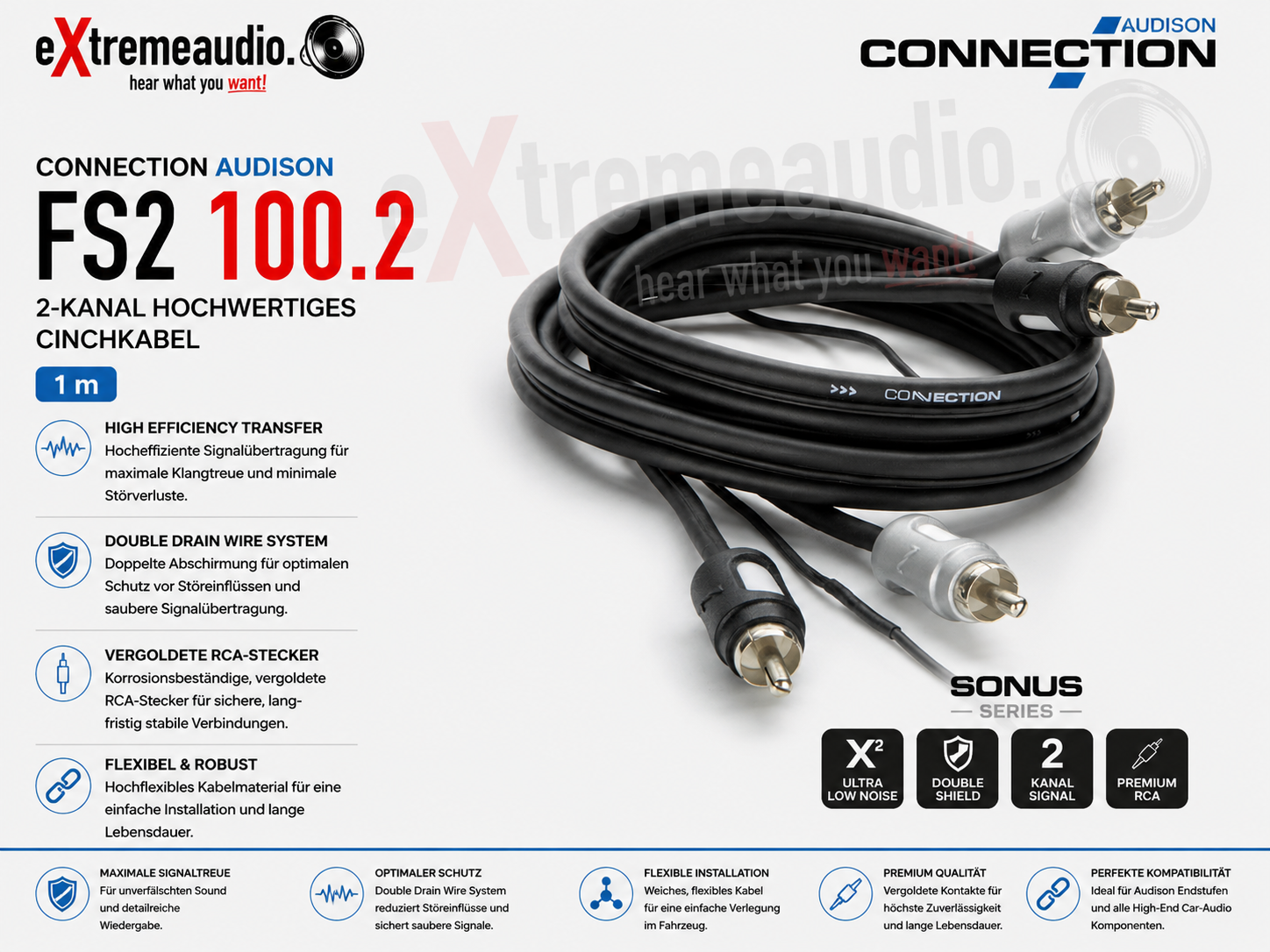 Connection Audison FS2 100.2 2-Kanal Hochwertiges Cinchkabel 1 m RCA Cinch