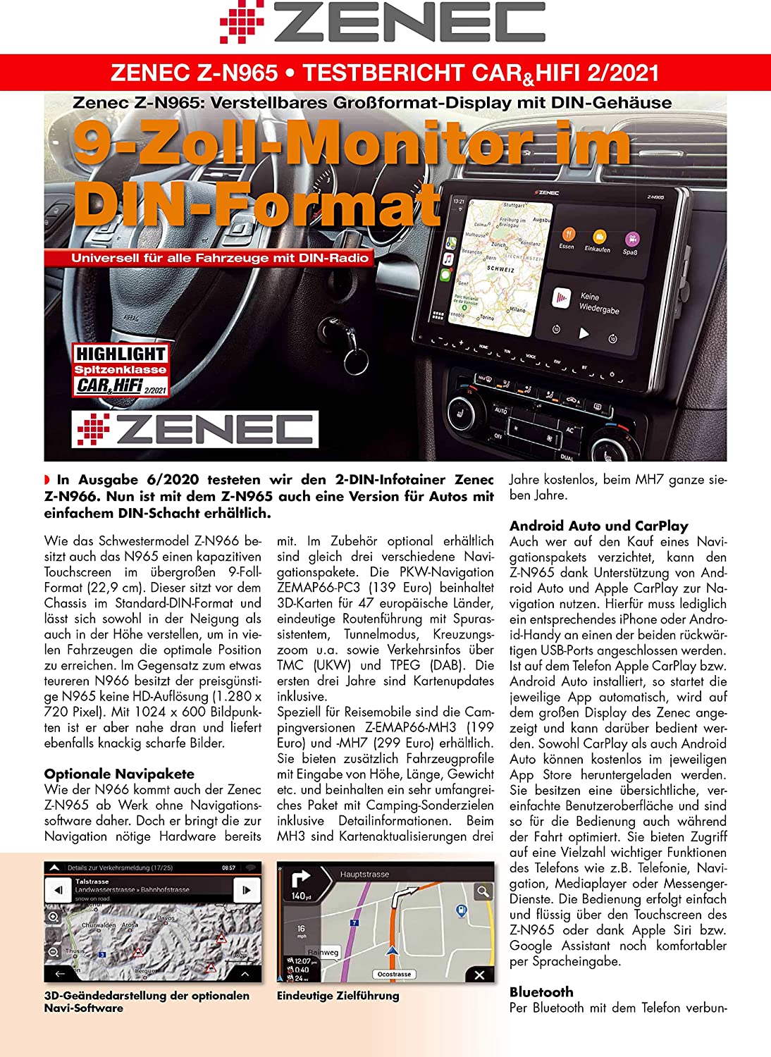 Zenec Z-N875 - Autoradio - 1-DIN - Écran 9 pouces - Apple Carplay