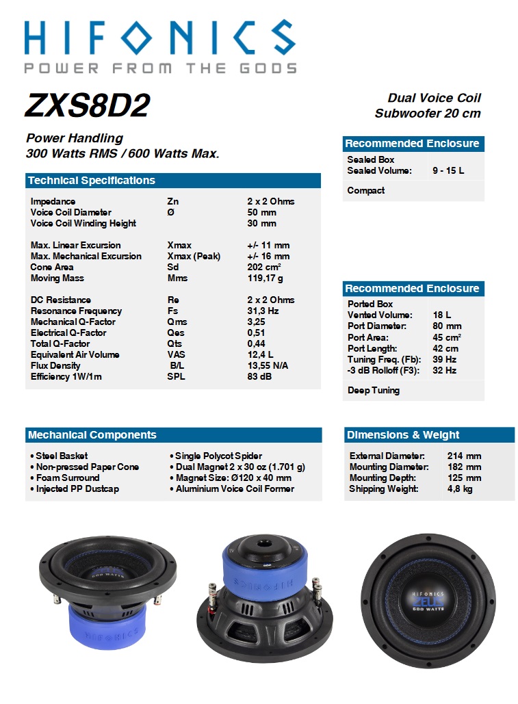 Hifonics ZXS 8D2 20 cm (8") Subwoofer Leistung 300 W/RMS, 600 W/MAX 2 + 2 Ohm