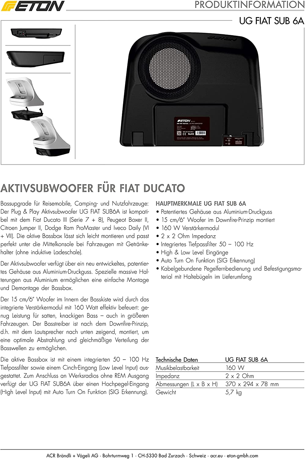 ETON UG FIAT SUB 6A Aktivsubwoofer kompatibel mit Fiat Ducato III (Serie 7 + 8), Peugeot Boxer II, Citroen Jumper II, Dodge Ram ProMaster und Iveco Daily (VI + VII)