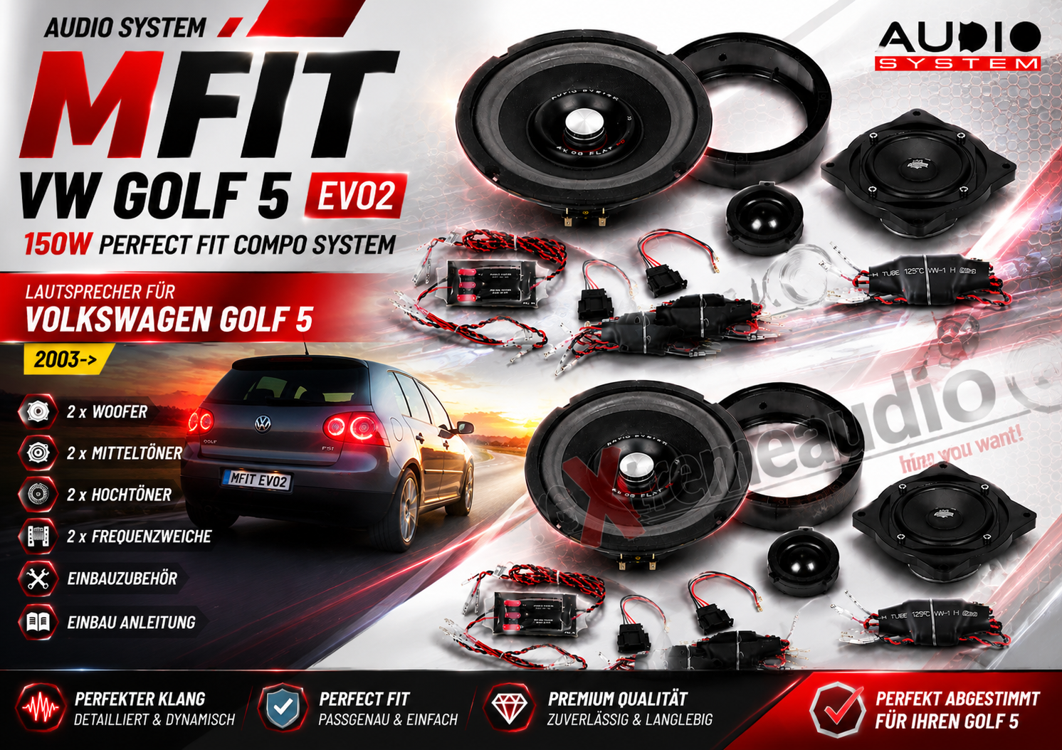 AUDIO SYSTEM 200 mm 3-Wege GOLF V Compo System Lautsprecher für VOLKSWAGEN GOLF 5 2003-> 