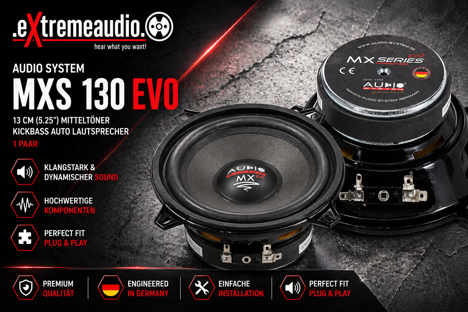 Audio System MXS 130 EVO Mitteltöner 13 cm (5.25") Kickbass Auto Lautsprecher Tieftöner 100 Watt - 1 Paar