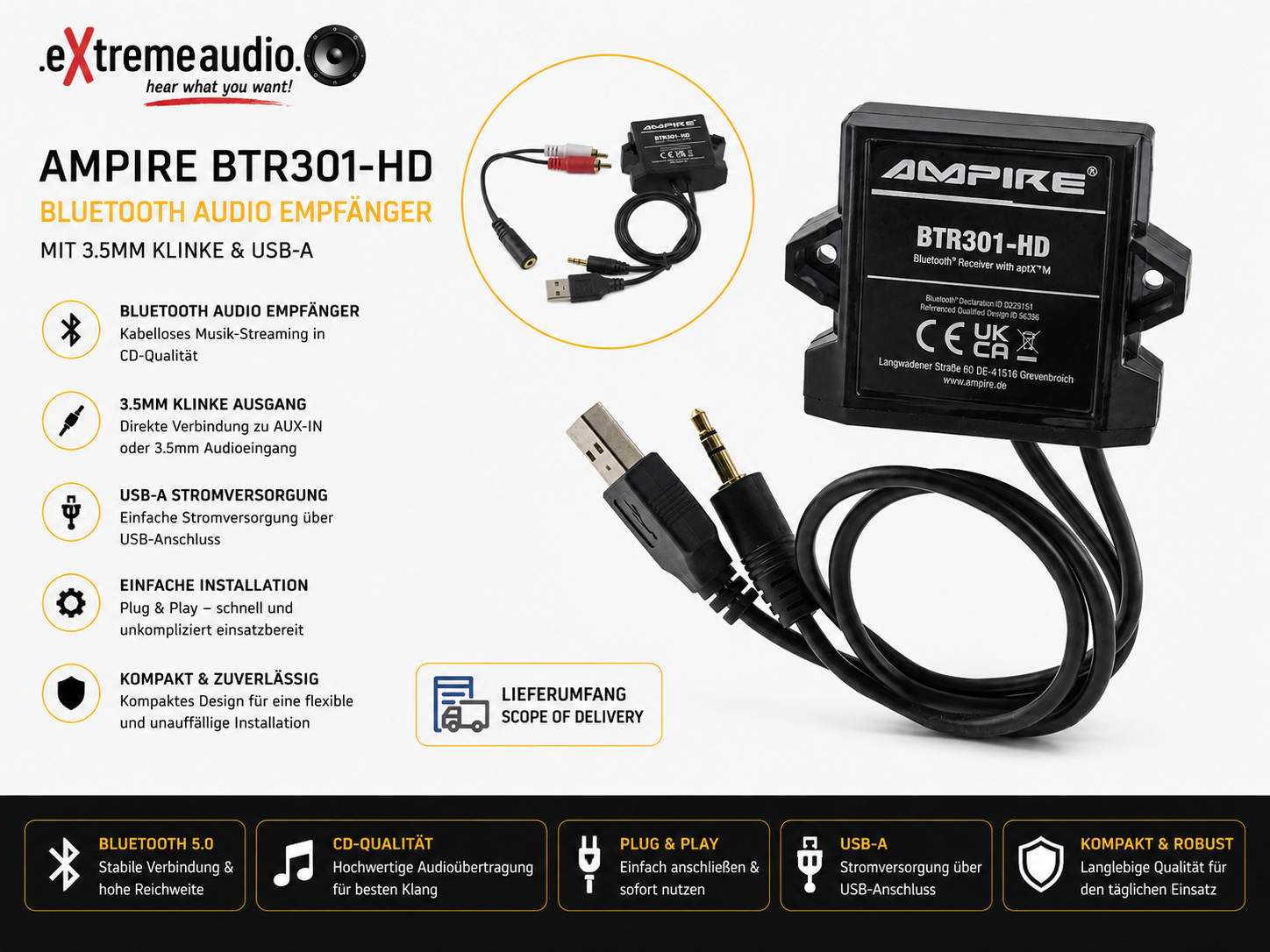 Ampire BTR301-HD Bluetooth Audio Empfänger mit 3.5mm Klinkenstecker, USB-A