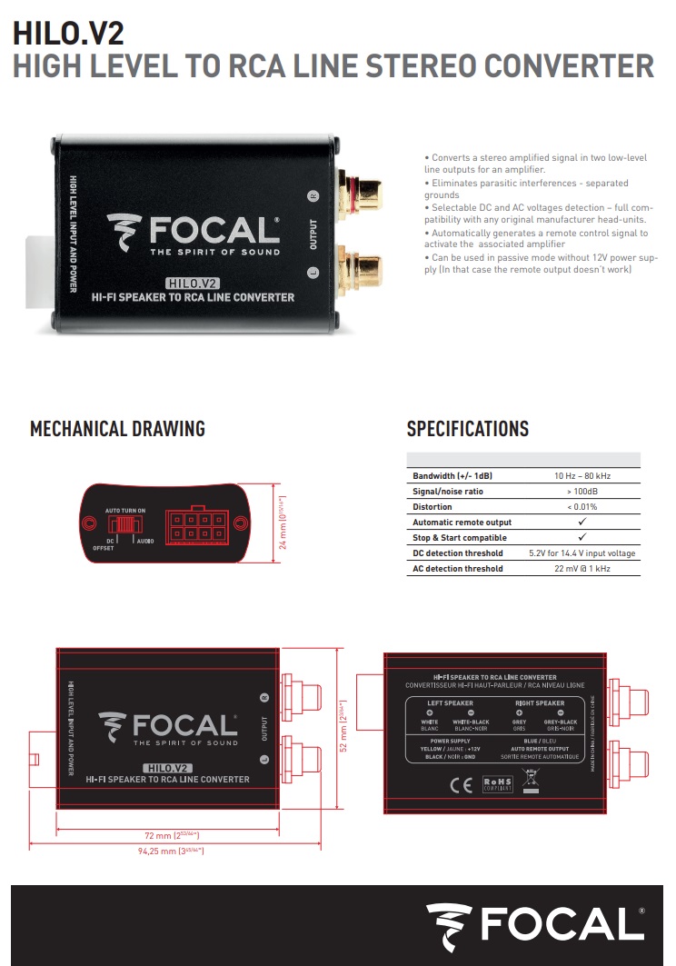 Focal HILOV3 Hi-Lo V3 High-Low Adapter with Impedance Sim. and remote output 