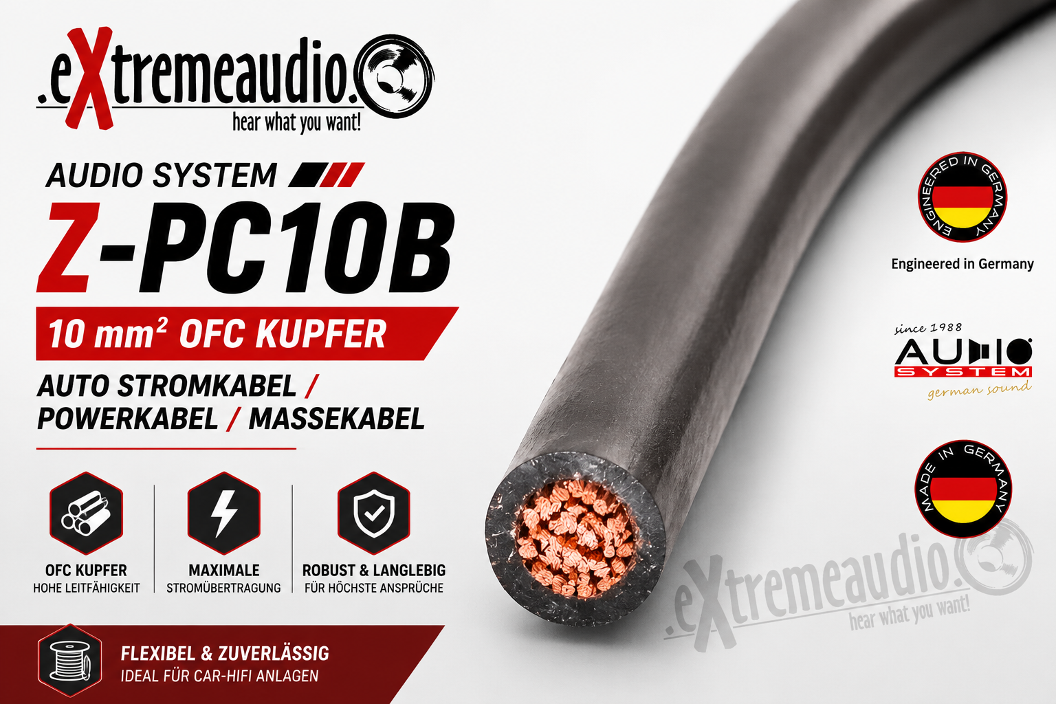 Audio System Z-PC10B 10 mm² OFC Kupfer Auto Stromkabel Powerkabel Massekabel für Verstärker 10qmm - Meterpreis