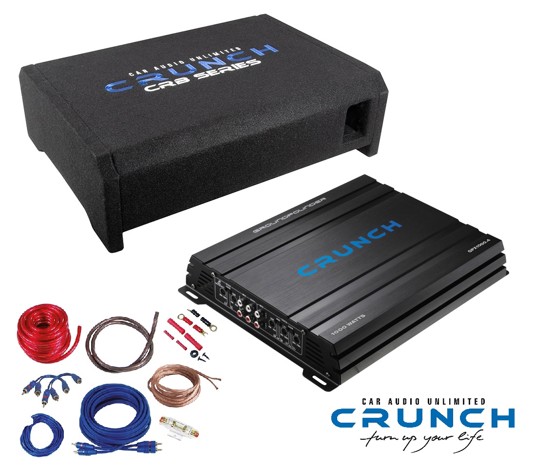 Crunch CBP1000F Basspack Downfire-Bassreflex, 1000 Watt 4-Kanal Verstärker + flache Subwooferkiste 