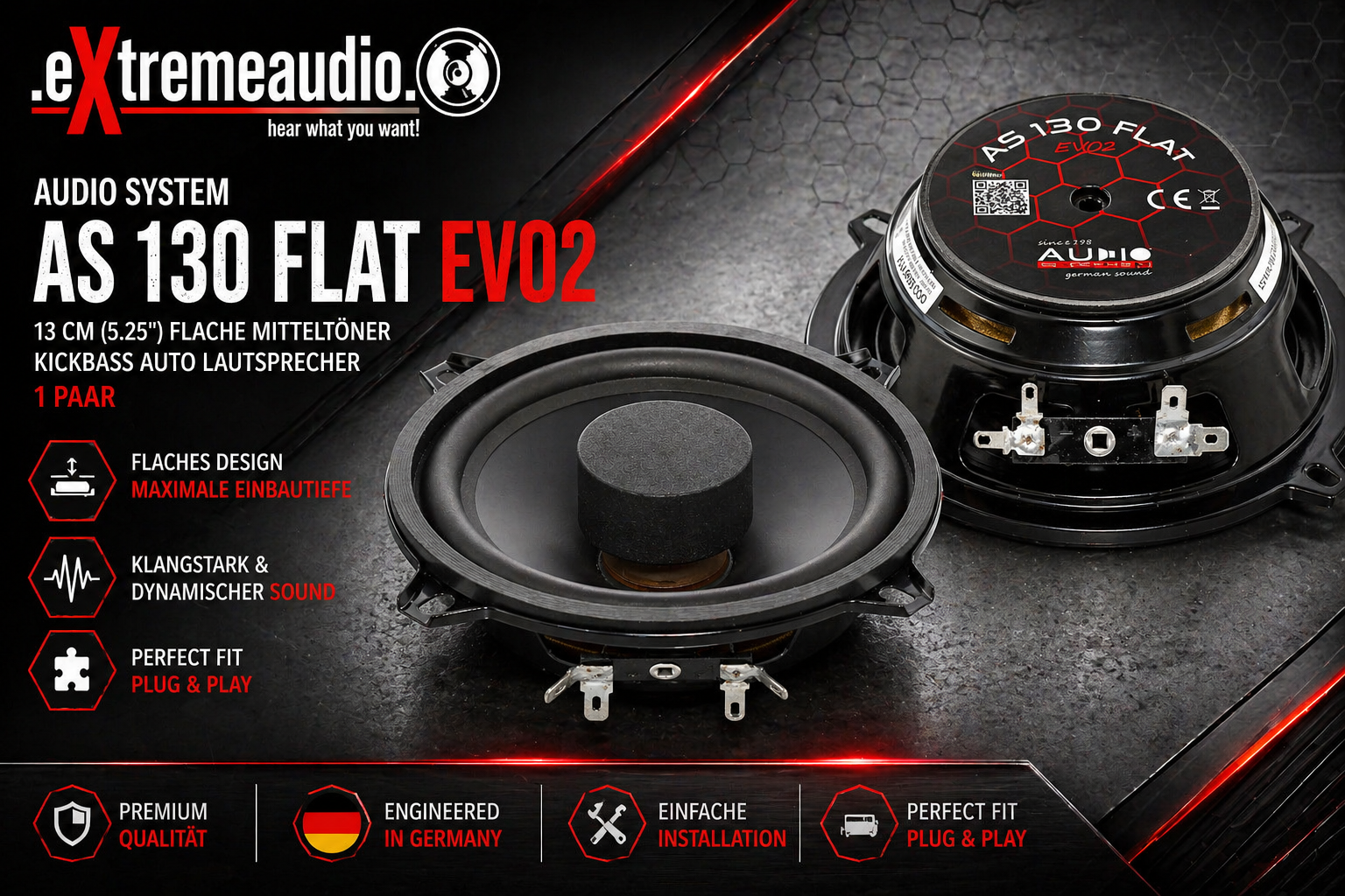 Audio System AS 130 FLAT EVO2 flache Mitteltöner 13 cm (5.25") Kickbass Auto Lautsprecher Tieftöner 120 Watt - 1 Paar