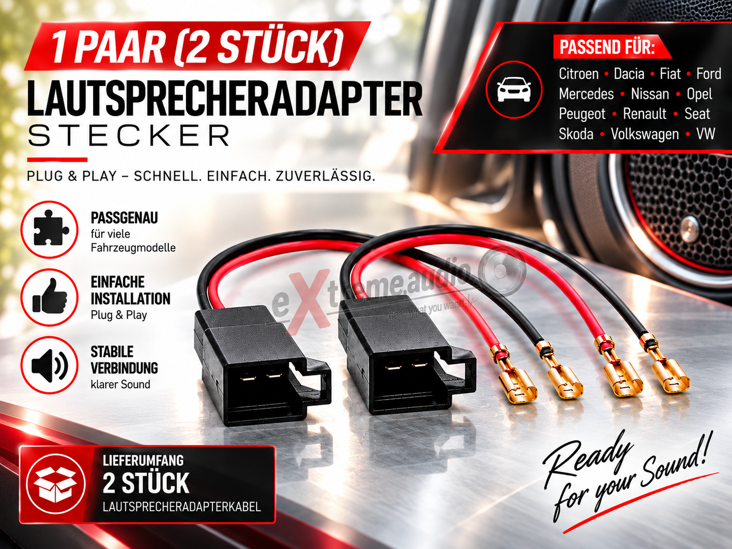 ACV 1326-01 Lautsprecheradapterkabel Citroen, Dacia, Fiat, Ford, Mercedes, Nissan, Opel, Peugeot, Renault, Seat, Skoda, Volkswagen, VW -- Inhalt: 2 Stück
