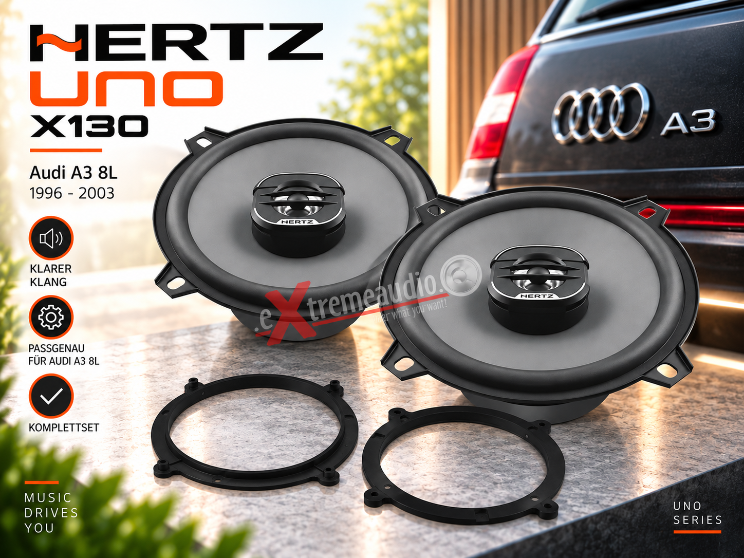 Audi A3 8L - Hertz Uno X130 13 cm 2-Wege Koax Lautsprecher Set incl. Einbauset