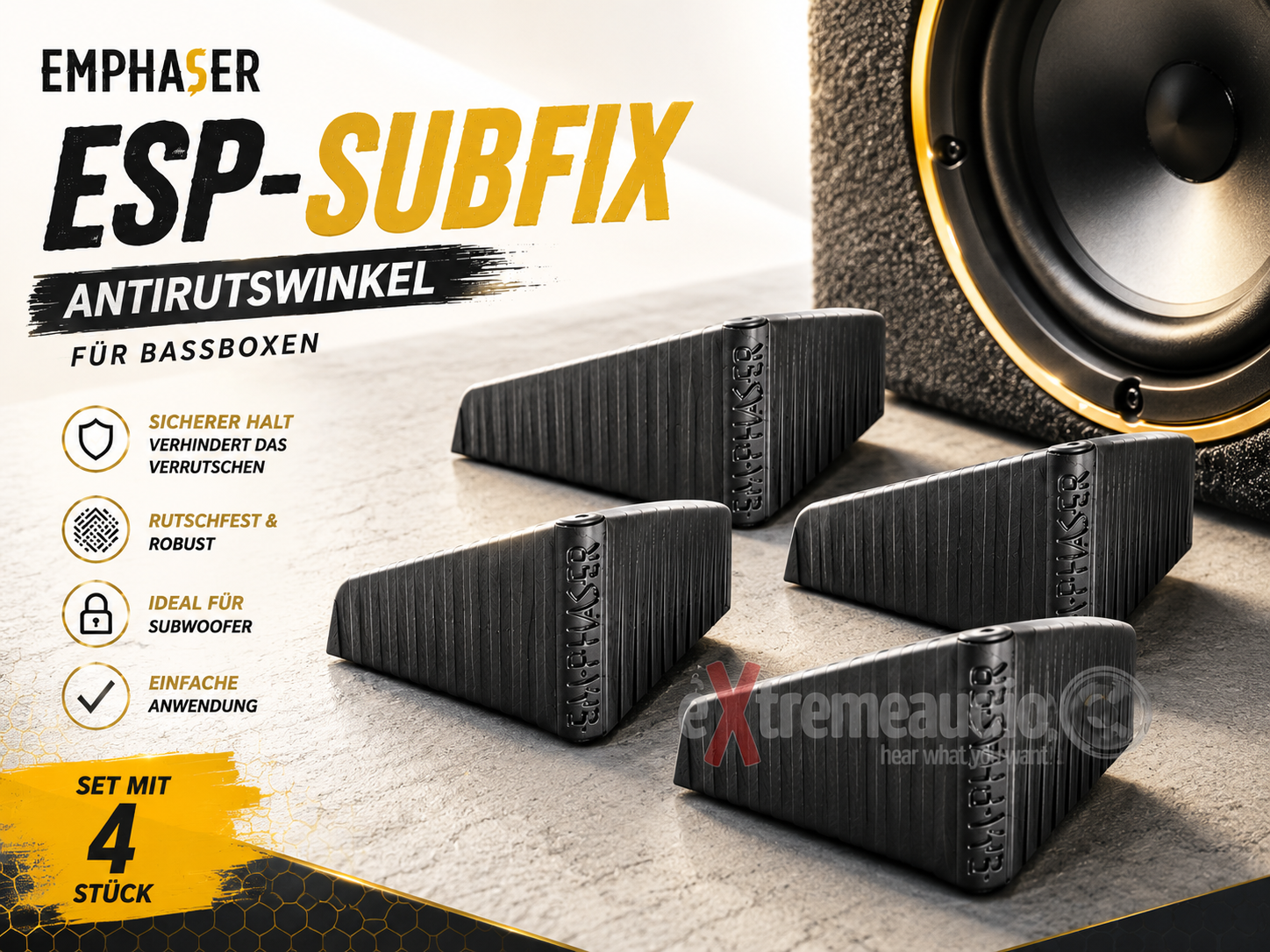  EMPHASER ESP-SUBFIX Subwoofer Befestigung Antirutschwinkel für Bassboxen, verhindert das Verrutschen von Basskisten im Kofferraum, Antirutschecken zur Fixierung von Subwoofern im Auto, 4 St. 