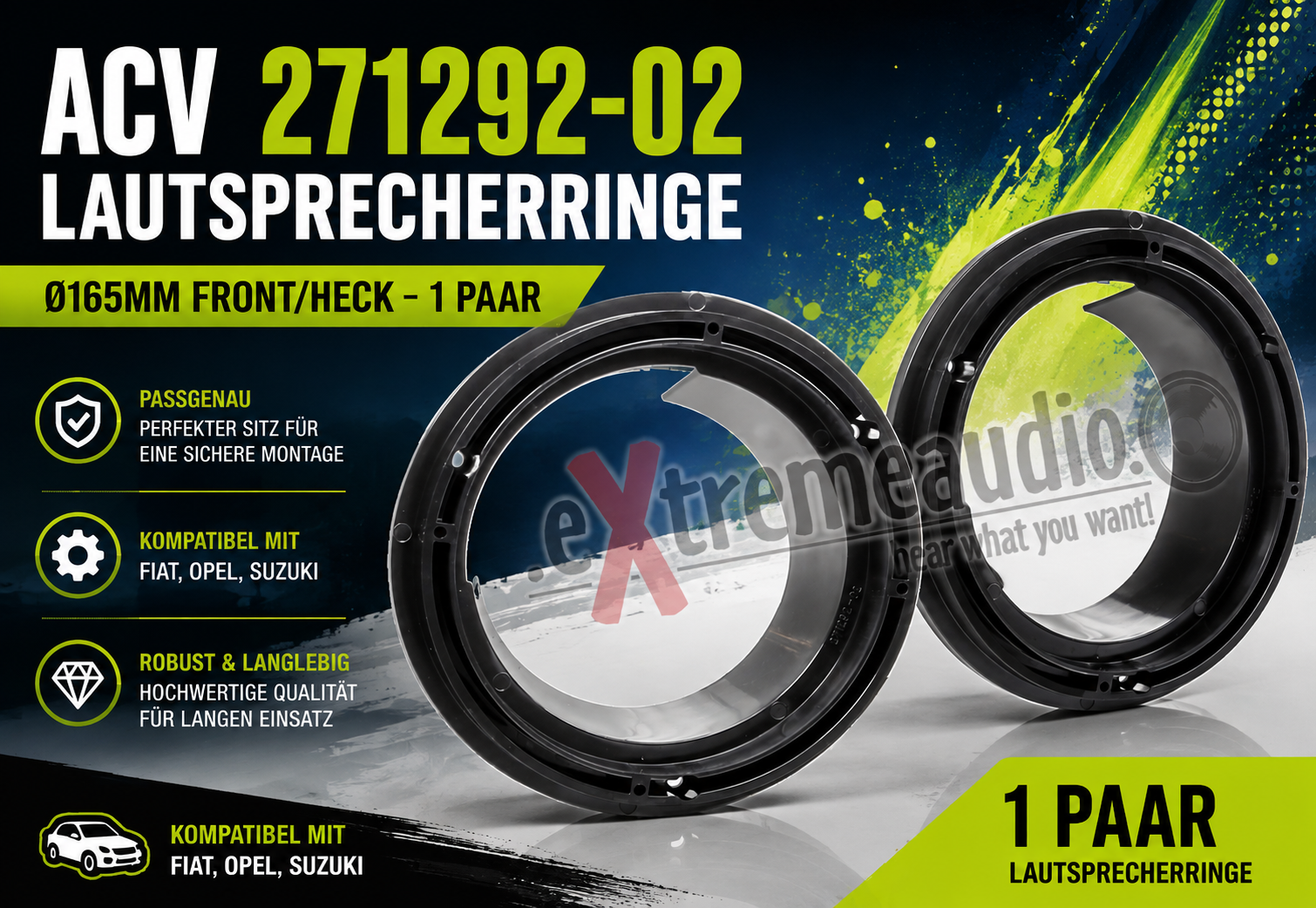 ACV 271292-02 Lautsprecherringe kompatibel mit Fiat, Opel, Suzuki Ø165mm Front/Heck - 1 Paar