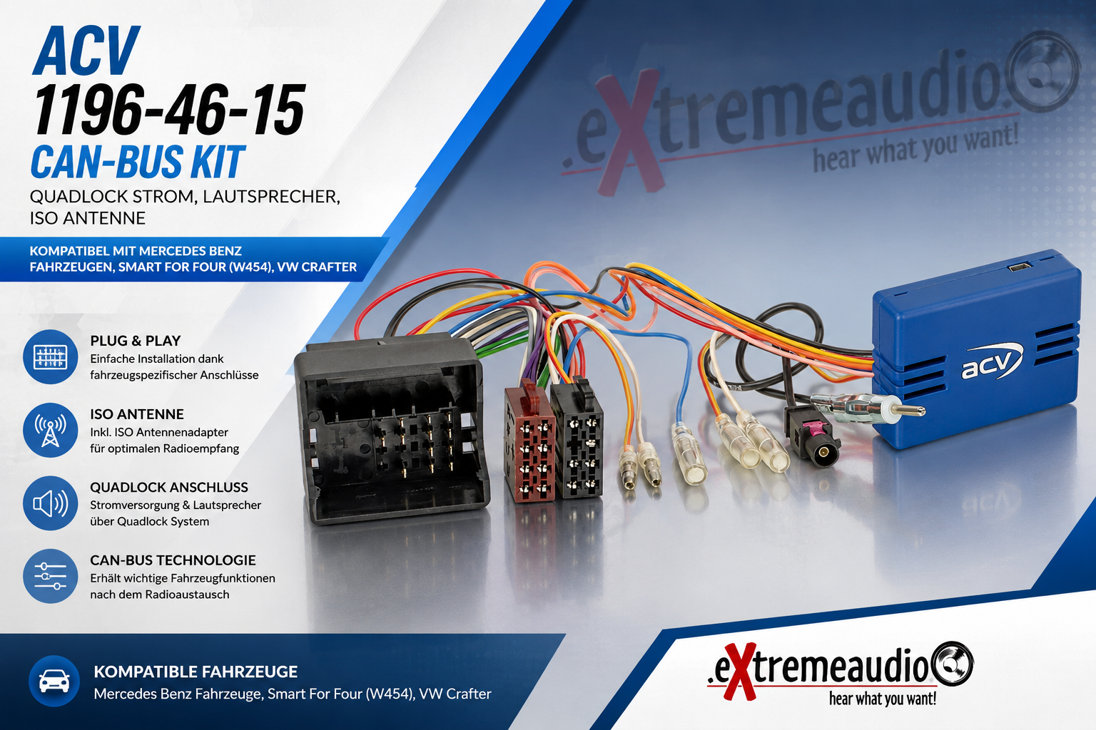 ACV 1196-46-15 CAN-Bus Kit Quadlock Strom, Lautsprecher, ISO Antenne kompatibel mit Mercedes Benz Fahrzeugen, Smart For Four (W454), VW Crafter    