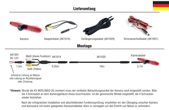 AMPIRE KV-BERLINGO-2G Rückfahrkamera kompatibel mit Citroen Berlingo 3, Peugeot Rifter, Opel Combo E, Fiat Doblo 3 (K9), Toyota Proace City