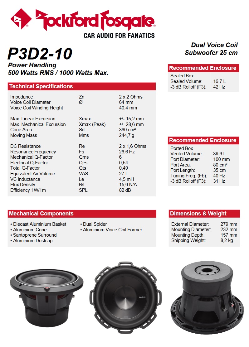 thumbnail interactive-video image 1 of Rockford Fosgate P3SD2-10 Punch P3 Shallow 10” DVC 2-Ohm Subwoofer – 300W RMS 1 of 4
