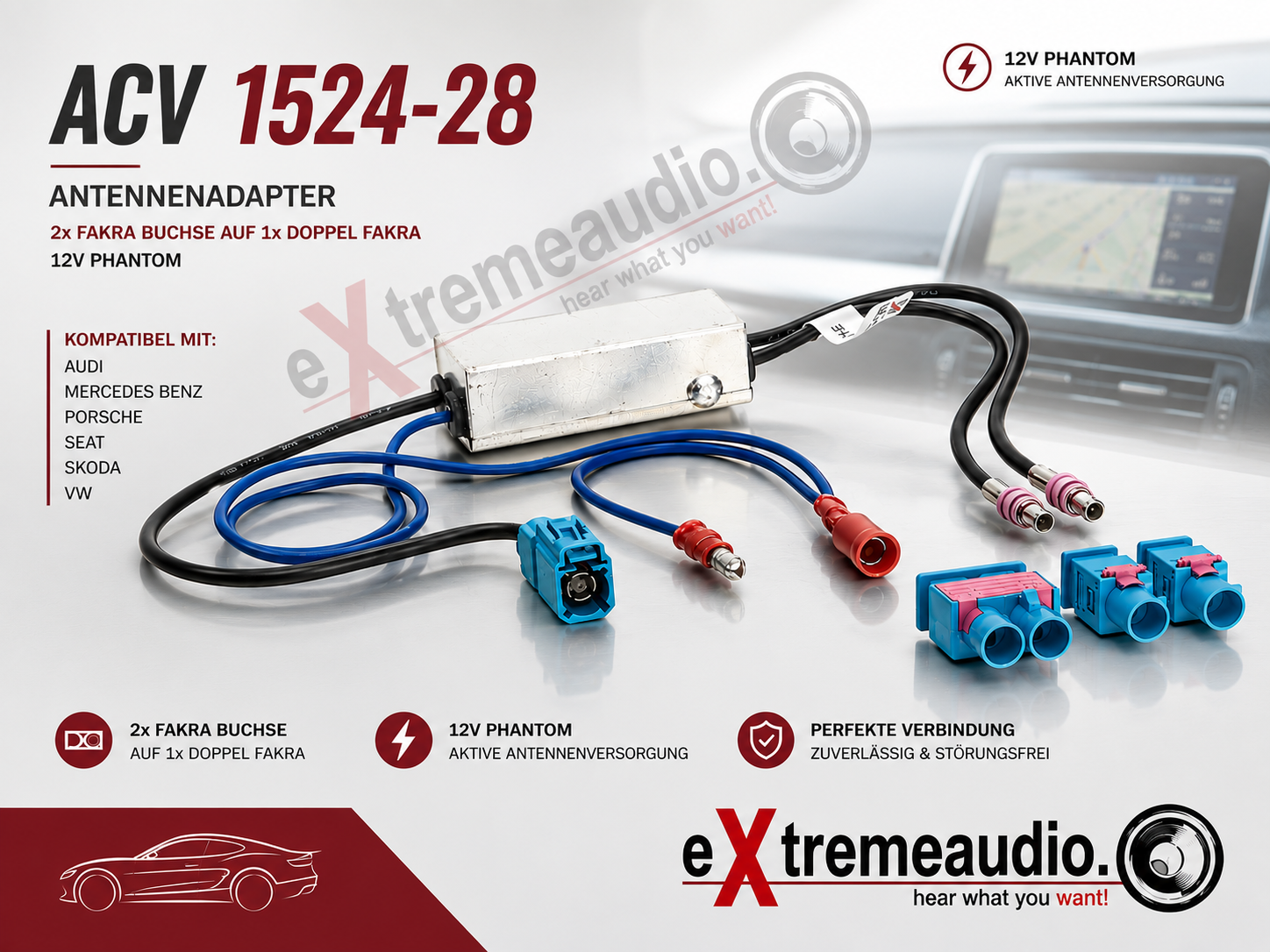 ACV 1524-28 1x adaptateur d'antenne Fakra > 2x prise FAKRA / 1x à double Fakra