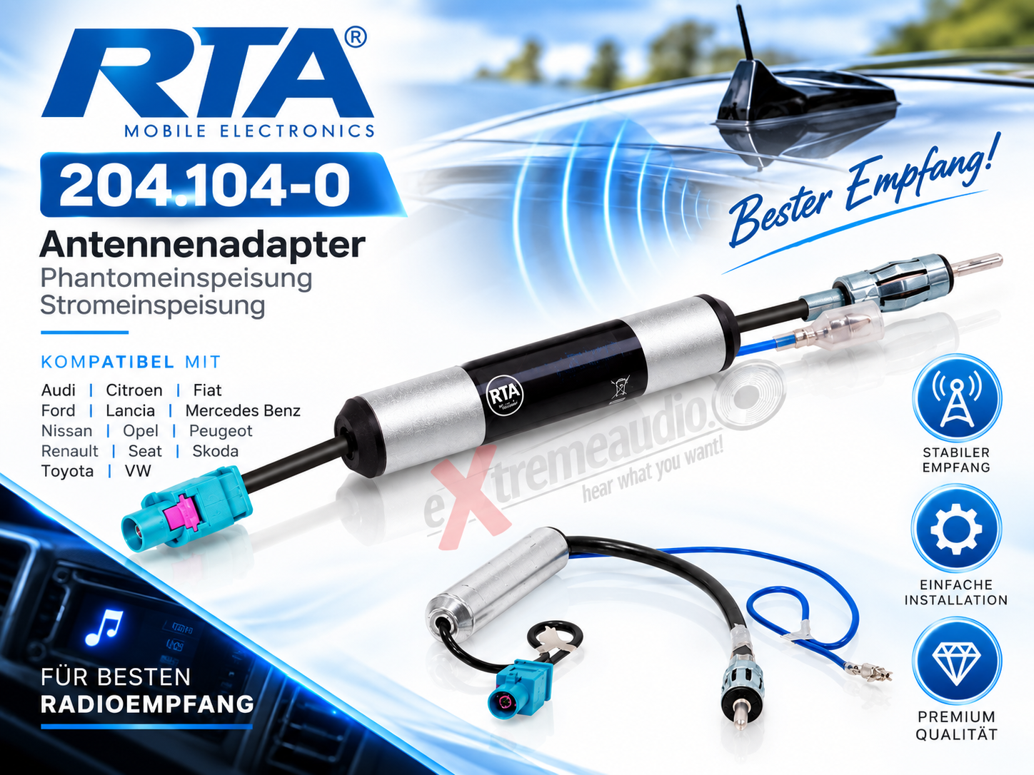 RTA 204.104-0 Antennenadapter Phantomeinspeisung Stromeinspeisung für Antennenverstärker kompatibel mit Audi, Citroen, Fiat, Ford, Lancia, Mercedes Benz, Nissan, Opel, Peugeot, Renault, Seat, Skoda, Toyota, VW Fahrzeugen