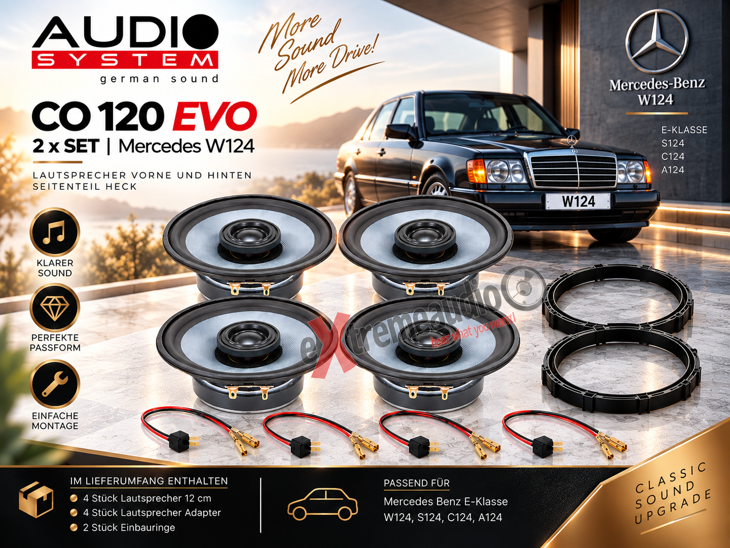 Audio System CO 120 EVO Mercedes Benz E-Klasse W124, S124, C124, A124 Lautsprecher Komplett Set vorne und hinten Seitenteil Heck