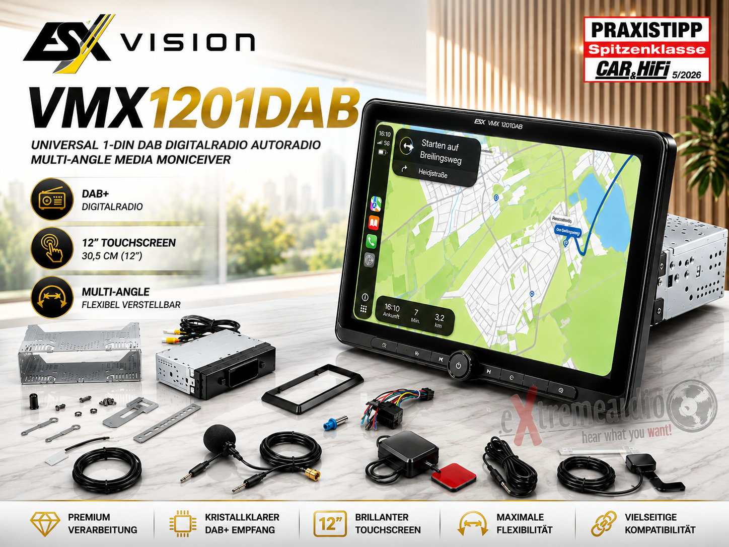 ESX VMX1201DAB Universal DAB Digitalradio Autoradio 1-DIN Multi-Angle Media Moniceiver mit 30,5 cm (12“) Touchscreen