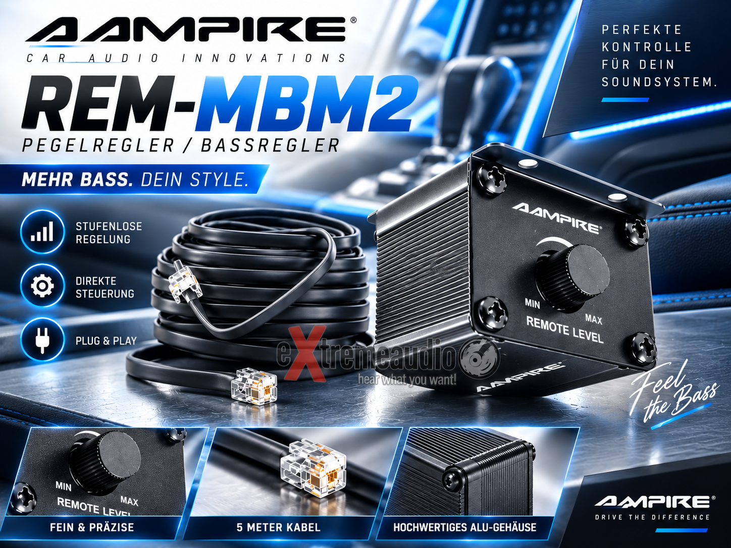 AMPIRE REM-MBM2 Pegelregler, Bassregler für Verstärker der MBM500.1, MBM1.24V, MB1000.1-2G, MBM1000.1 - Remote Bass Regler Gain Controller